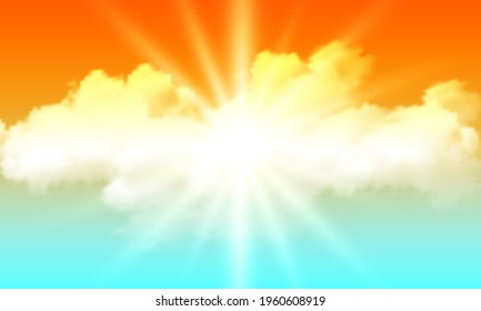 Orange blue sky with sun and clouds, vector art illustration.