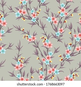 orange and blue small vector flowers with grey leaves pattern on grey background