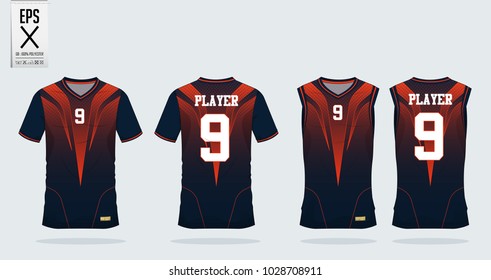 Orange, blue t shirt sport design template for soccer jersey, football kit and tank top for basketball jersey. Sport uniform in front and back view. T-shirt mock up for sport club. Vector Illustrion