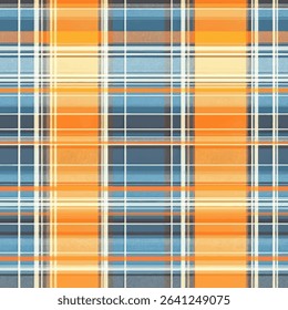 Orange and blue tartan plaid, grunge lines ikat pattern, plaid seamless pattern, Vector illustration background for print the paper.