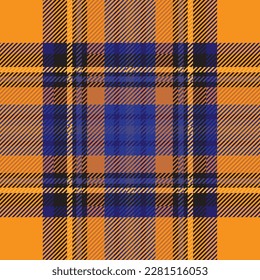 Orange and blue tartan plaid. Scottish pattern fabric swatch close-up. 