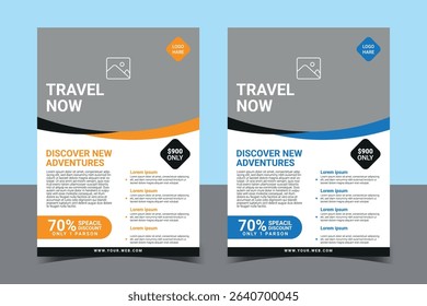 orange and blue travel flyer designs with modern layout and promotional text for discovering new adventures	