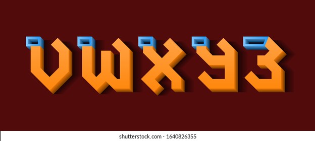 Orange blue V, W, X, Y, Z 3d letters. Decorative volumetric font.