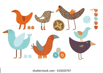 Orange and blue vector birds set