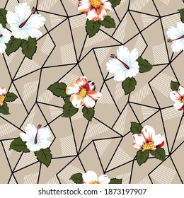 orange and blue vector flowers bunches pattern on stripe cream background