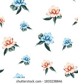 orange and blue vector flowers with green leaves bunches pattern of white