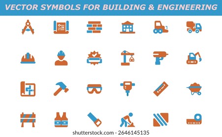 Orange and Blue Vector Icons of Construction and Engineering Tools and Equipment on Background