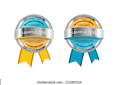 Orange / blue vector round badge / banner with floral background, metallic decoration and ribbons
