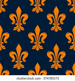 Orange and blue vintage floral seamless pattern with royal fleur-de-lis flowers. Interior, wallpaper and background design usage