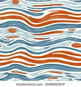 Orange and blue wavy pattern with white lines, Woodblock print seamless pattern, seamless repeating vector pattern, design and pattern for textile print. Vector illustration.