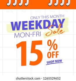 Orange blue Weekday sale 15 percent off promotion website banner heading design on calendar background vector for banner or poster. Sale and Discounts Concept. 