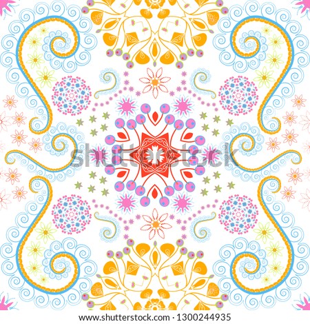 Orange, blue and white colors vector seamless pattern with many flowers.