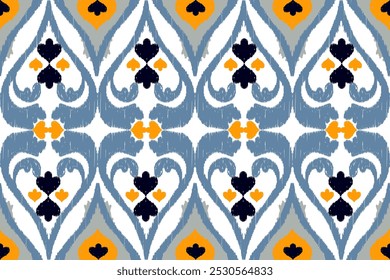 Orange, blue and white embroidery, motif ethnic ikat seamless textile illustration, print striped ornament, pattern, design for wrapping, silk, scarf, clothing, background, textile, carpets, curtains.
