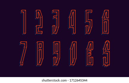 Orange blue wireframe 3d numbers and currency signs. Volumetric luminous display font.