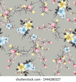 Orange Blue And Yellow Vector Flowers With Grey Leaves Pattern On Background