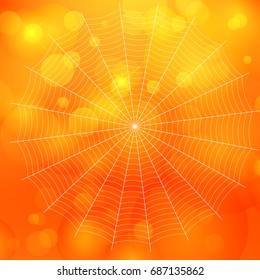 orange blurred bokeh halloween background with spiders web, Vector illustration.