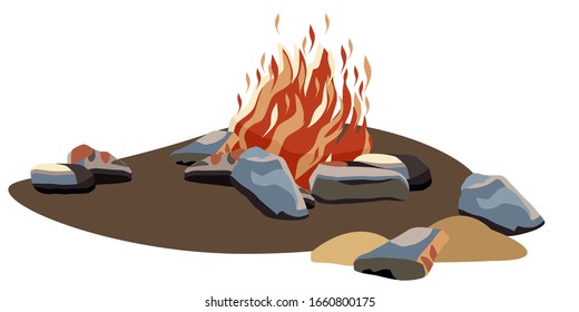 An orange bonfire burns inside the stones. Vector cartoon style bonfire illustration. Icon for sites. Isolated over white background. Vector illustration for posters, banners and logo.