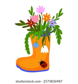 Orange boots with vibrant spring flowers and a ladybug crawling on the side. For gardening projects, or spring-themed designs