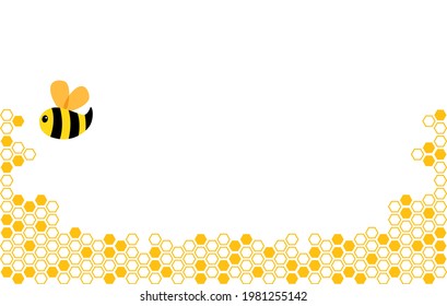 Orange border of geometric hexagons with cute bee. Symbolizing the honeycomb.  background honey hexagon with white space for text. vector illustration.