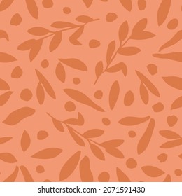 Orange botany leaves and dots seamless repeat pattern. Random placed, vector spots with leaf plants all over surface print.