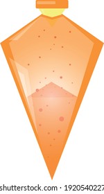 Orange bottle with bubbling potion. Glass triangular bottle with liquid. Vector illustration isolated on a white background. Chemical reaction