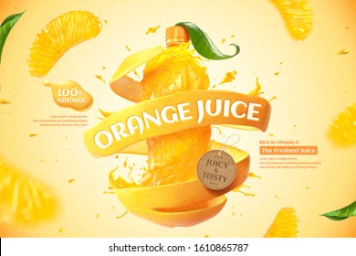 Orange bottle juice ads with splashing liquid and fresh pulp in 3d illustration - Shutterstock ID 1610865787