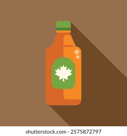 Orange bottle of maple syrup with a green label featuring a white maple leaf is standing on a brown background