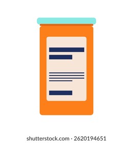 Orange bottle with medicines in flat design. Drugs plastic container. Vector illustration isolated.