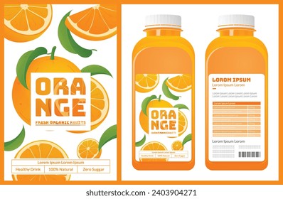 ORANGE. bottle. packaging of fresh and juicy fruits with juice bottle. Fresh organic product. Text with vector illustration realistic fruits on abase. Template for your product.