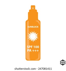 Orange Bottle Spray SPF 100 PA+++ For Skin And Face Sun Block Icon Isolated on White Background - Vector illustration.
