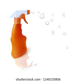 Orange bottle with sprayer. Fly soap bubbles. Clean kitchen. Vector illustration