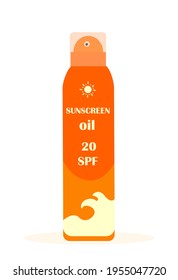 Orange Bottle of Sun Care Oil Spray. Calming Sunscreen Product for Safe Tanning and Healthy Sunbathing.Anti-UV Lotion. Colored flat vector illustration isolated on white background