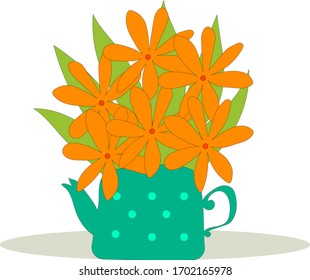 Orangefarbener Bouquet Die grüne Teekanne Vektorillustration einzeln auf Stockbildern