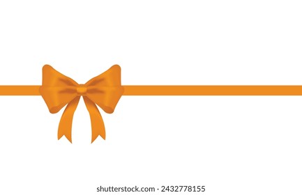 Orange bow and horizontal ribbon realistic shiny satin with shadow for decorate your christmas card or website vector EPS10 isolated on white background.