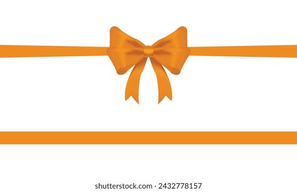 Orange bow and horizontal ribbon realistic shiny satin with shadow for decorate your christmas card or website vector EPS10 isolated on white background.