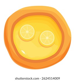 Orange bowl filled with orange juice and decorated with two slices of lemon for a refreshing summer drink