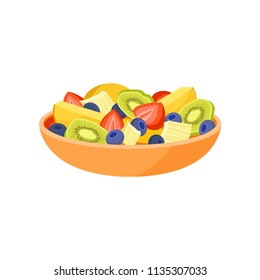 Orange bowl with fresh fruits and berries. Organic and healthy food. Vegetarian nutrition. Flat vector icon
