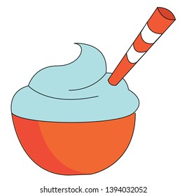 An orange bowl full of blue tasty ice-cream which is ready to serve vector color drawing or illustration