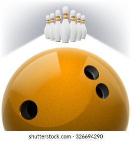 Orange Bowling ball with holes in front. White skittles with orange stripes on a white background