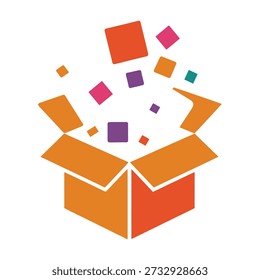 An orange box with its flaps open, releasing a vibrant array of colorful squares into the air against a white background.