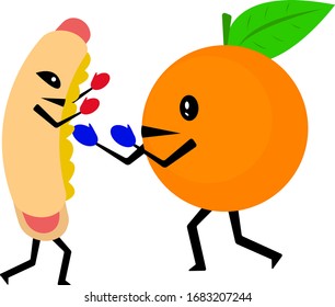 orange box with hot dog healthy tropical fruit in blue gloves concept of vitamins and diet objects on white background