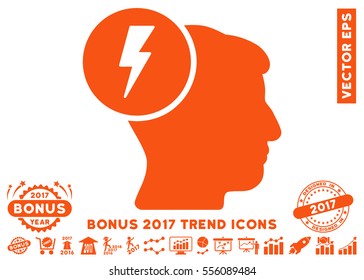 Orange Brain Electricity icon with bonus 2017 trend pictograph collection. Vector illustration style is flat iconic symbols, white background.