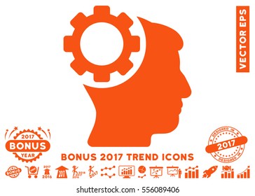 Orange Brain Gear icon with bonus 2017 year trend pictograms. Vector illustration style is flat iconic symbols, white background.