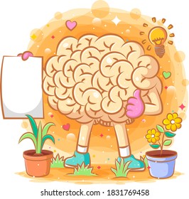 Orange brain holds the blank paper of illustration
