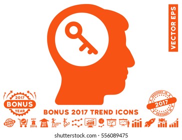 Orange Brain Key pictograph with bonus 2017 trend icon set. Vector illustration style is flat iconic symbols, white background.