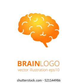 Orange brain logo silhouette on orange background. Top view. Vector human brain anatomy in flat style. 