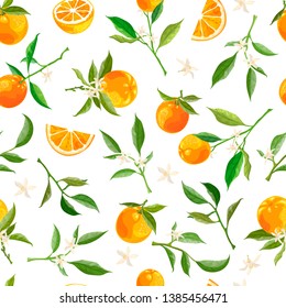 Orange branches and flowers on a white background. Seamless pattern