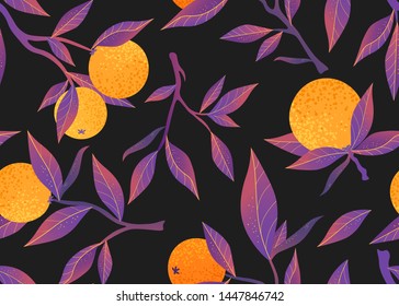 Orange branches on a black background. Abstract plants, seamless pattern