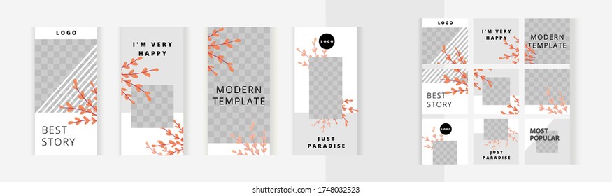 Orange branches of plants. Modern style. Set of vertical and square banners for design of social networks, instagram story and print with windows for images. 