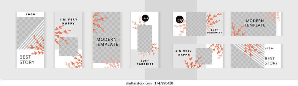 Orange branches of plants. Set of vertical and horizontal banners for design of social networks, instagram story and print with windows for images. 